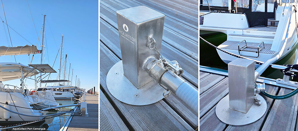 3 photos de voiliers amarrés à un quai en bois avec des bornes de service en métal pour l'eau et l'électricité