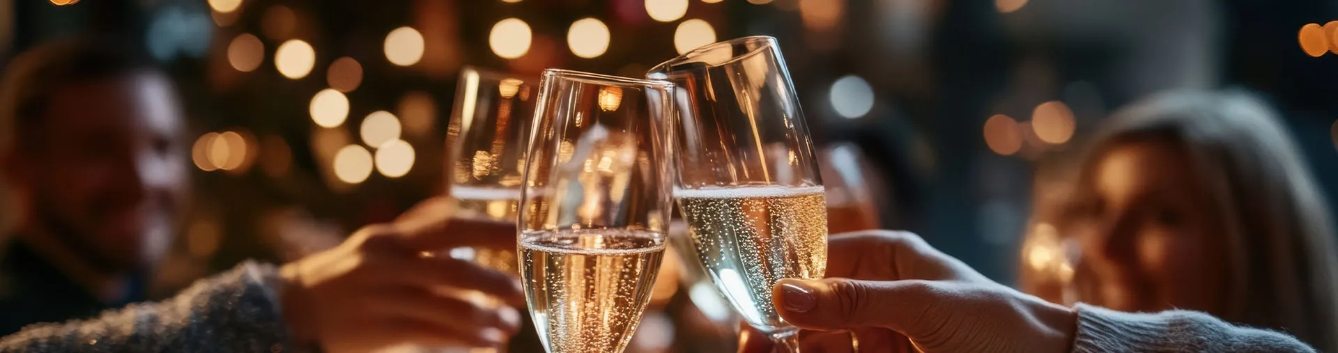 L'image montre deux mains tenant des coupes de champagne, s'entrechoquant dans un toast festif sur fond d'arbre de Noël et de lumières chaudes et scintillantes.