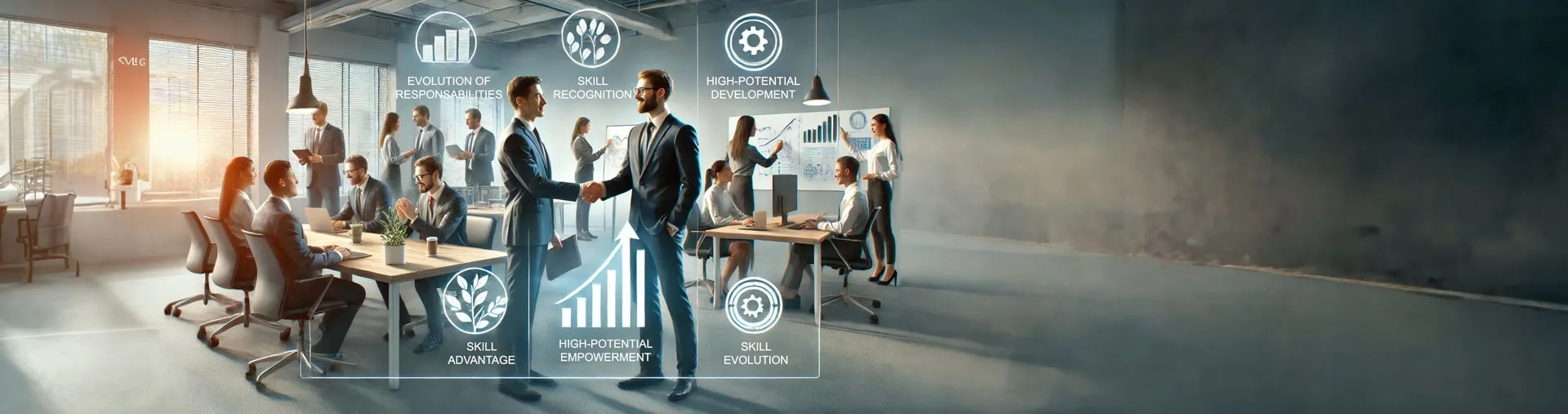 Un bureau d'entreprise moderne où des employés engagés et à fort potentiel collaborent avec enthousiasme.