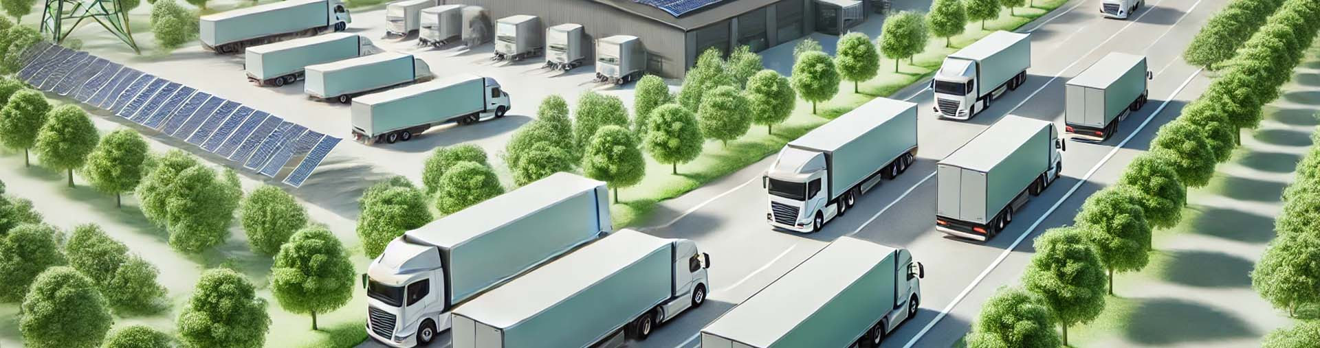 Une flotte de camions logistiques modernes, hybrides et électriques, circulant sur une route bordée d'arbres, symbolisant l'importance de la sécurité. 