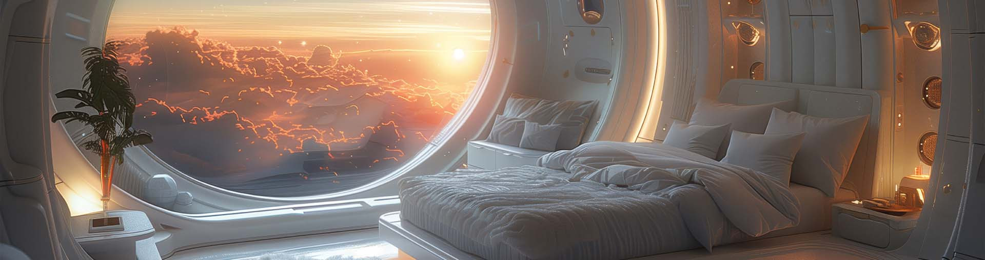 Une chambre à coucher futuriste dans un hôtel spatial en orbite autour de la Terre, avec une grande fenêtre offrant une vue sur les nuages et un coucher de soleil sur la planète. 