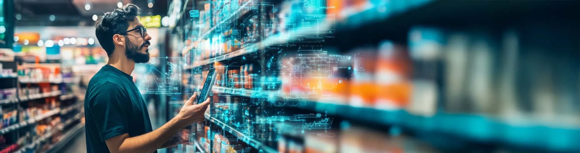 La transformation numérique dans le commerce de détail, avec des rayons intelligents, des caisses automatisées et des expériences client personnalisées.