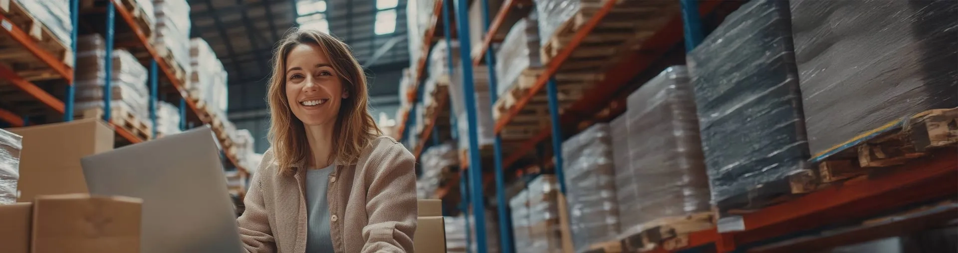 Photo d'une femme avec un entrepôt de logistique en arrière plan