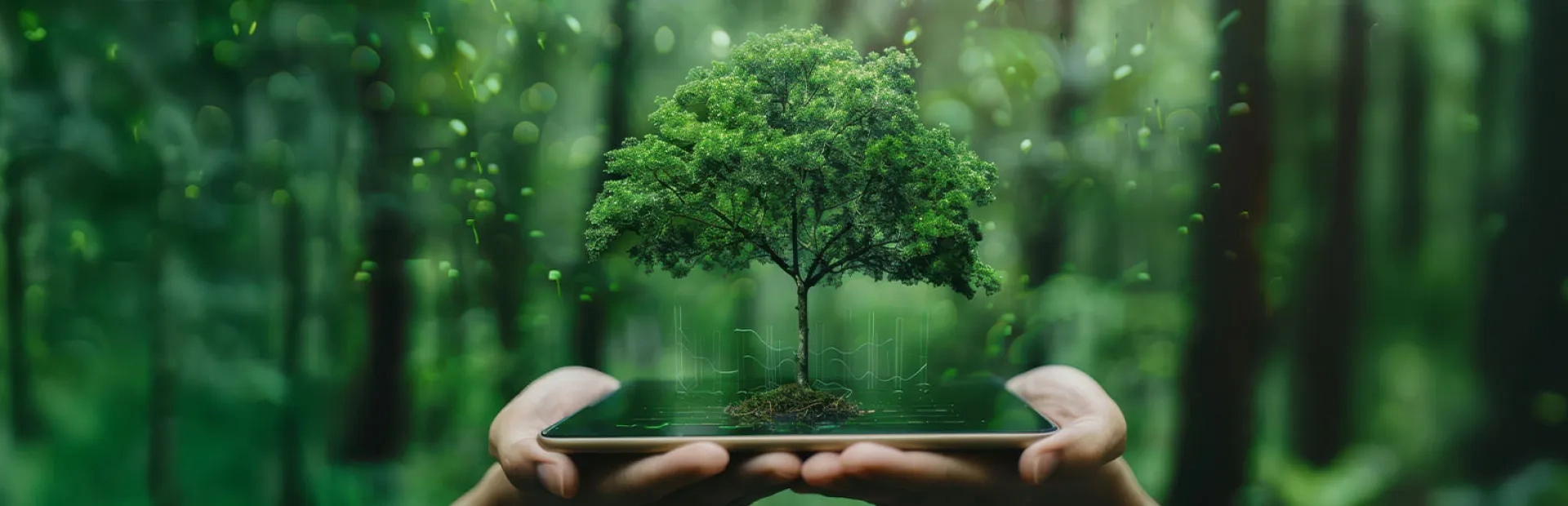 Une personne tient une tablette sur laquelle figure un arbre.