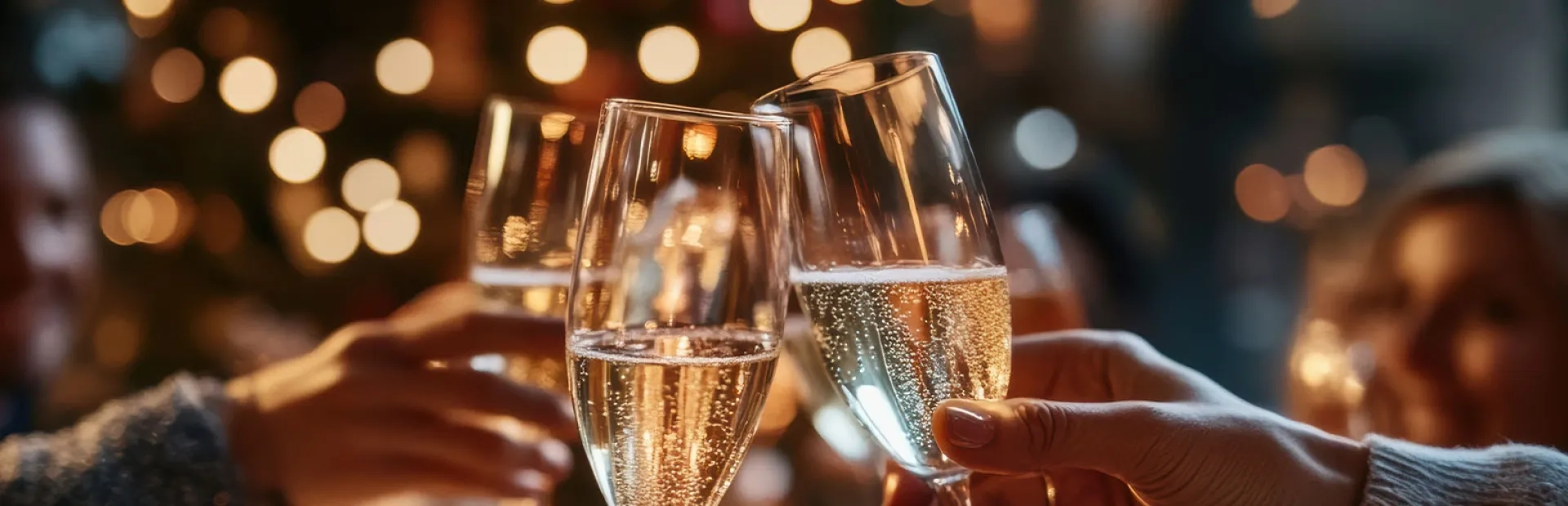 L'image montre deux mains tenant des coupes de champagne, s'entrechoquant dans un toast festif sur fond d'arbre de Noël et de lumières chaudes et scintillantes. 