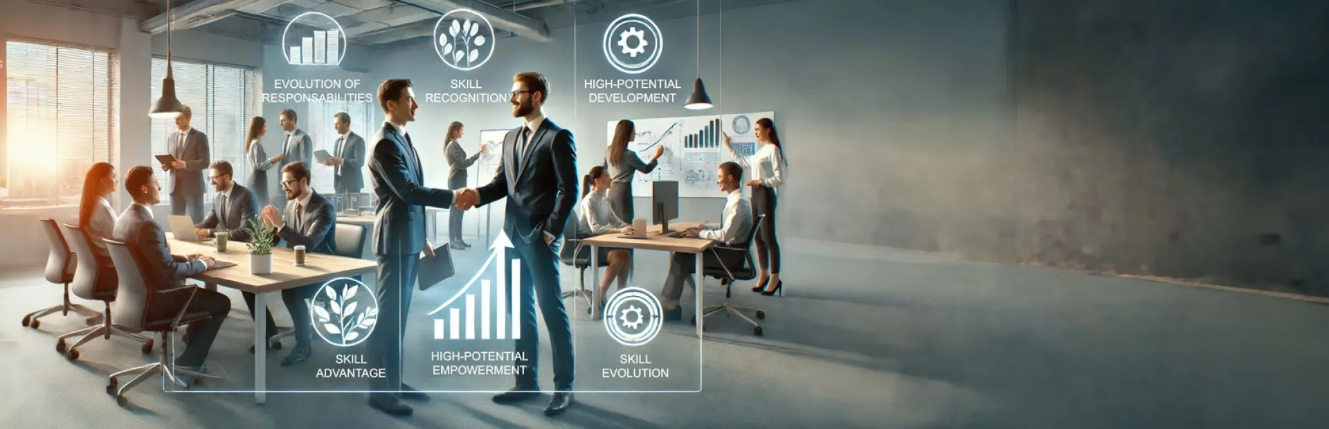 Un bureau d'entreprise moderne où des employés engagés et à fort potentiel collaborent avec enthousiasme. 