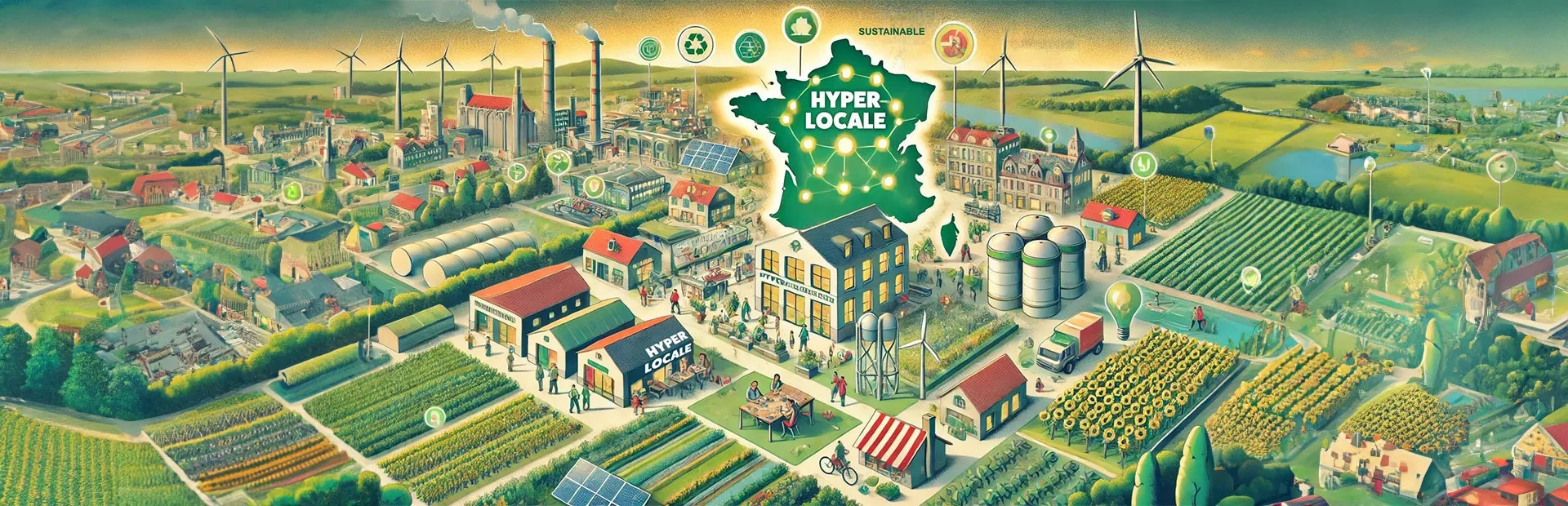 Illustration d'une entreprise hyperlocale profondément enracinée dans une communauté. Au premier plan, une zone industrielle dynamique qui intègre le recyclage, la rénovation et l'amélioration de l'environnement.