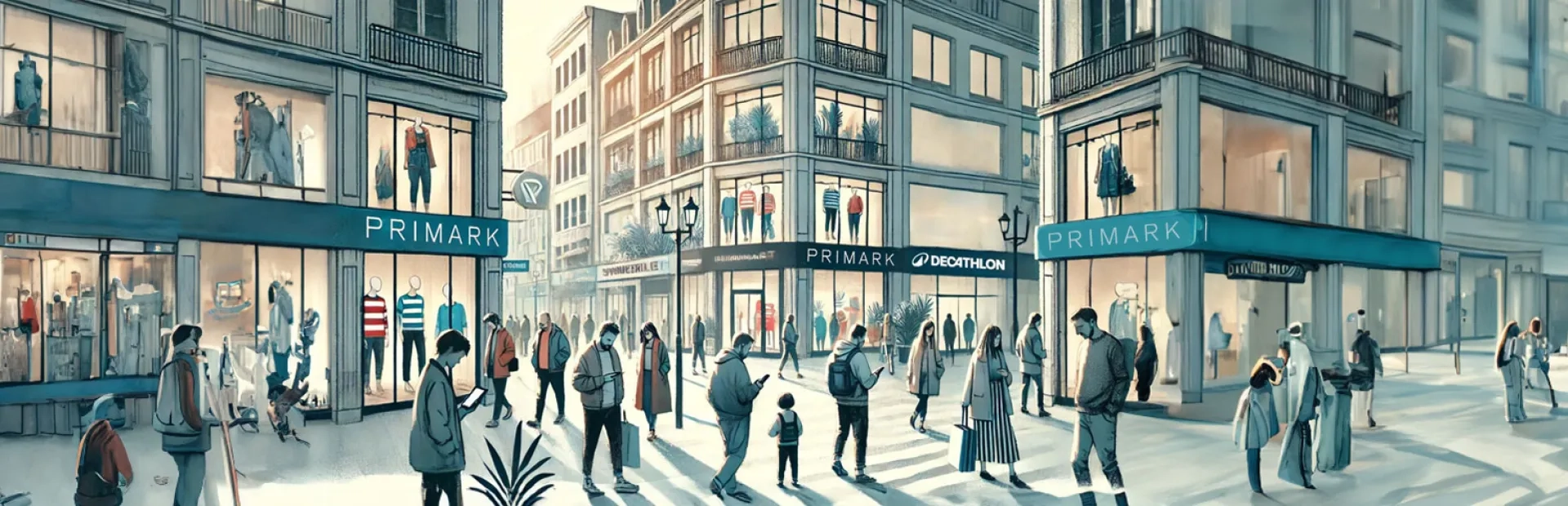 Illustration axée sur le concept de « non-visiteurs » des magasins de proximité en France. Représentation d'une zone urbaine animée avec des magasins défraîchis, presque invisibles.