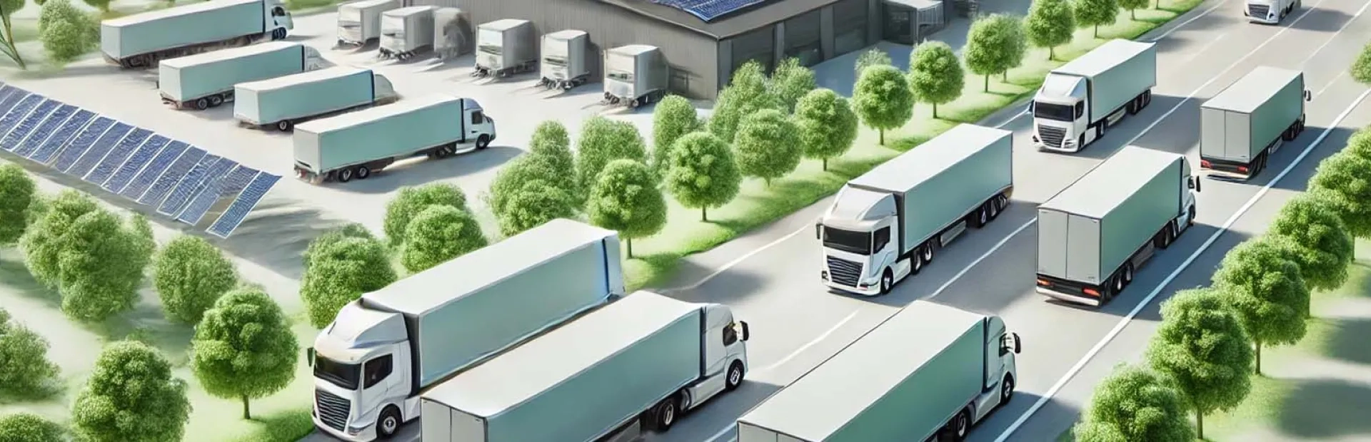 Une flotte de camions logistiques modernes, hybrides et électriques, circulant sur une route bordée d'arbres, symbolisant l'importance de la sécurité. 