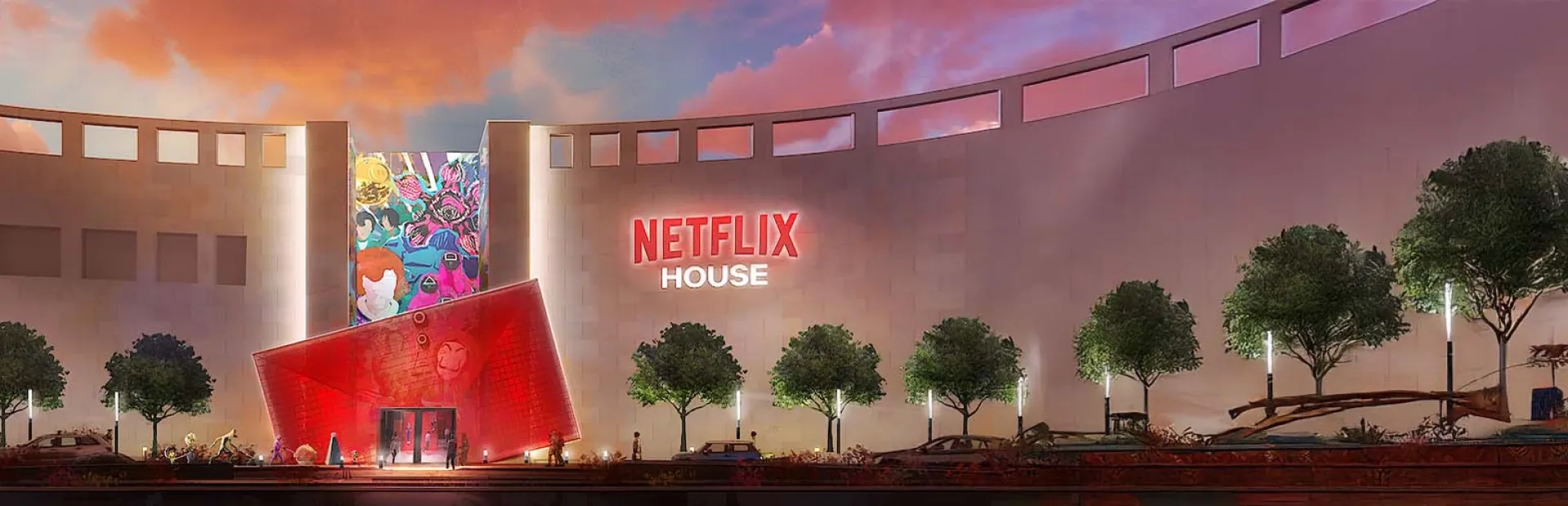 Illustration d'un bâtiment moderne nommé 'Netflix House', avec une façade lumineuse et artistique, un panneau Netflix visible, entouré de végétation et illuminé par un ciel coloré au coucher du soleil."