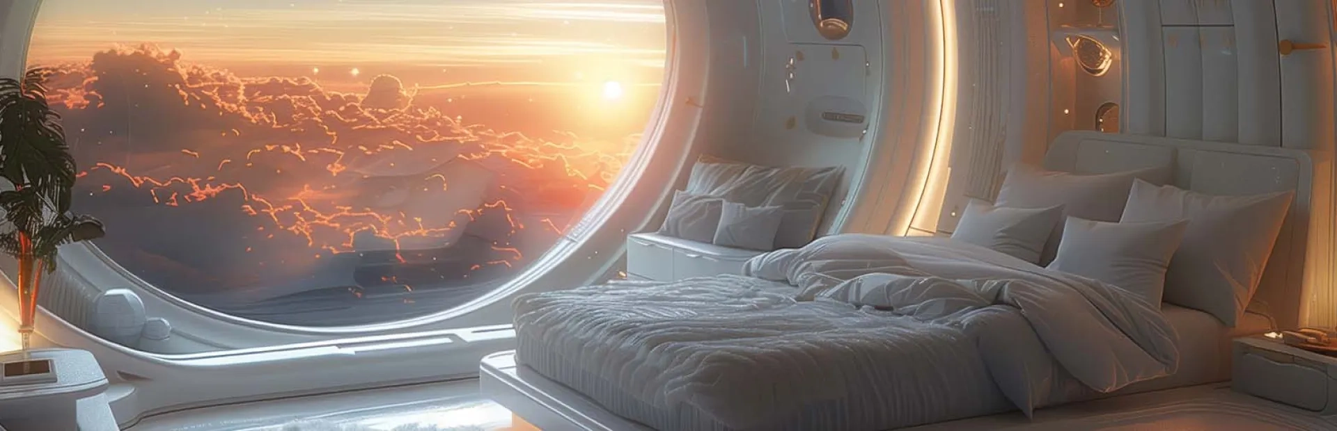 Une chambre à coucher futuriste dans un hôtel spatial en orbite autour de la Terre, avec une grande fenêtre offrant une vue sur les nuages et un coucher de soleil sur la planète. 