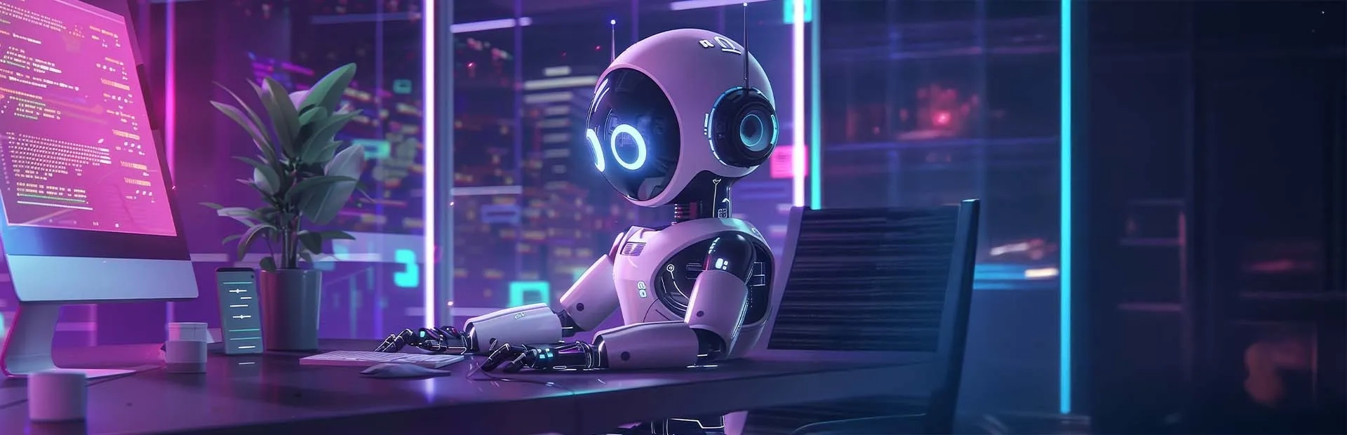 image d'un robot humanoïde futuriste assis à un bureau dans un environnement high-tech, éclairé par des lumières néon violettes et bleues. Le robot, doté d’un design élégant avec des yeux lumineux circulaires, semble interagir avec un ordinateur.