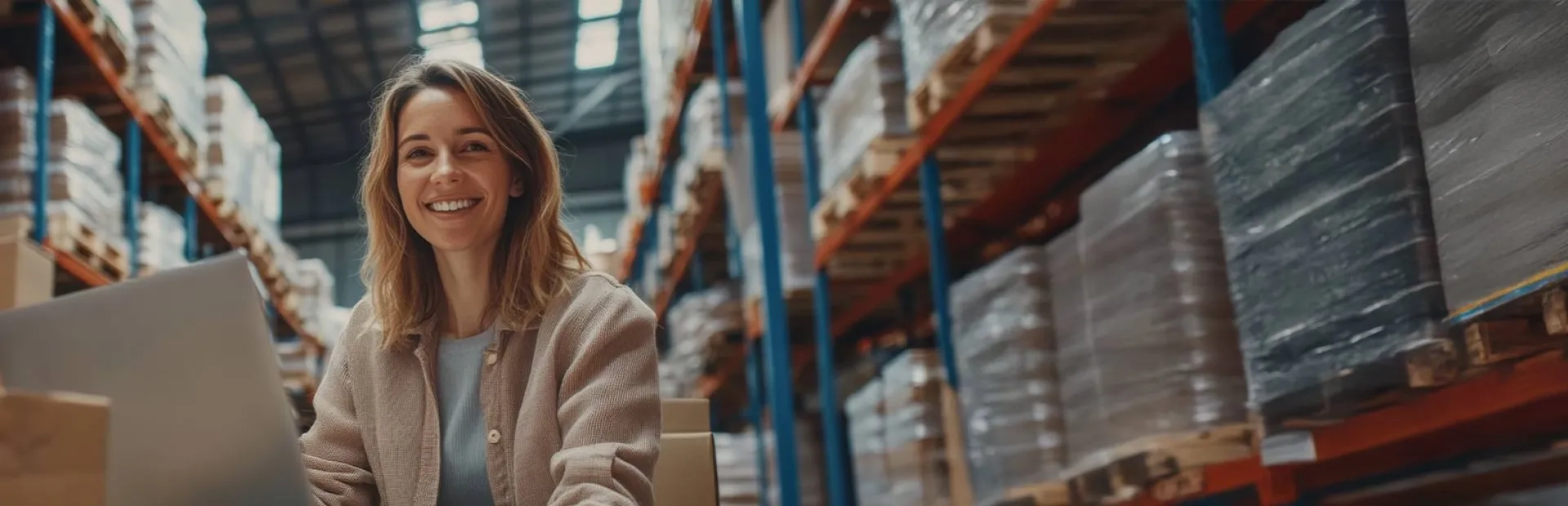 Photo d'une femme avec un entrepôt de logistique en arrière plan
