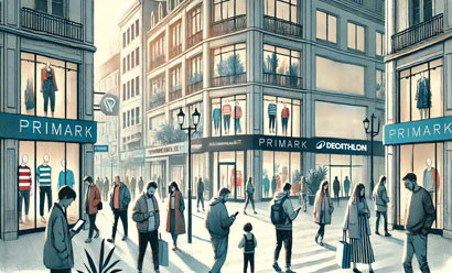 Illustration axée sur le concept de « non-visiteurs » des magasins de proximité en France. Représentation d'une zone urbaine animée avec des magasins défraîchis, presque invisibles.