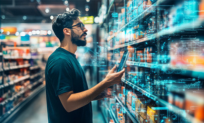La transformation numérique dans le commerce de détail, avec des rayons intelligents, des caisses automatisées et des expériences client personnalisées.
