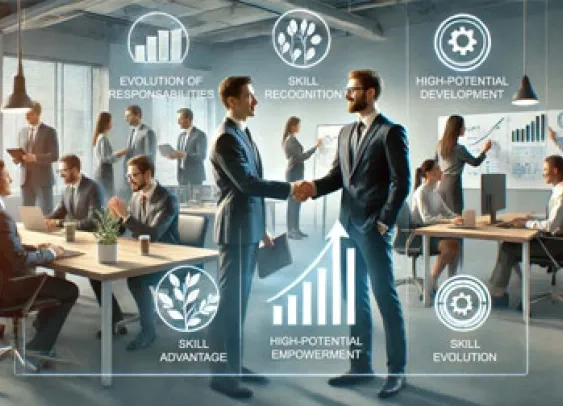 Un bureau d'entreprise moderne où des employés engagés et à fort potentiel collaborent avec enthousiasme.