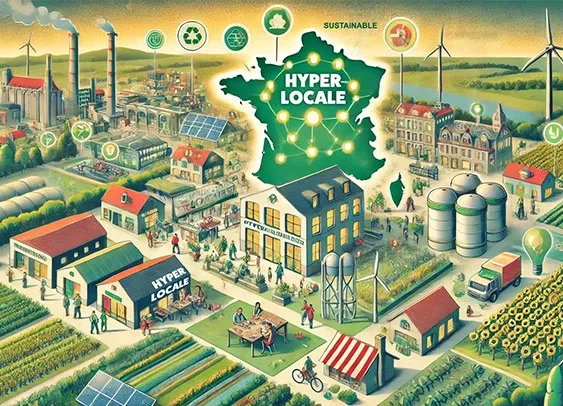 Illustration d'une entreprise hyperlocale profondément enracinée dans une communauté. Au premier plan, une zone industrielle dynamique qui intègre le recyclage, la rénovation et l'amélioration de l'environnement.
