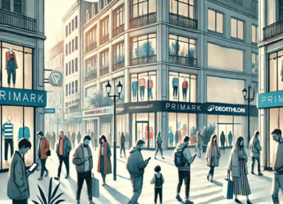 Illustration axée sur le concept de « non-visiteurs » des magasins de proximité en France. Représentation d'une zone urbaine animée avec des magasins défraîchis, presque invisibles.