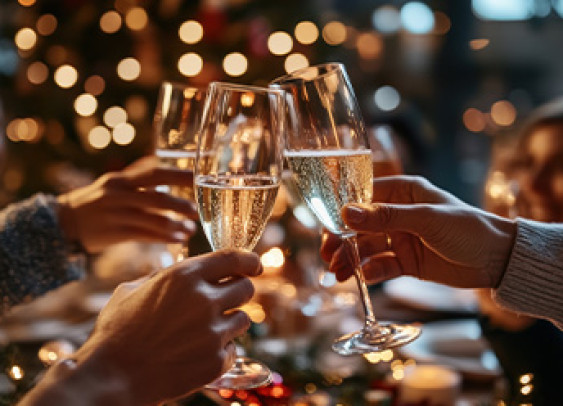 L'image montre deux mains tenant des coupes de champagne, s'entrechoquant dans un toast festif sur fond d'arbre de Noël et de lumières chaudes et scintillantes. 